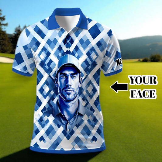 Custom Face Polo Shirt – Geometric Diamond Pattern | Personalized Photo Golf Polo | Unique Gift for Him, Retro Geometric Style Shirt Style 11