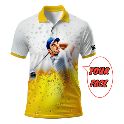 HomyGifts Men's Customized Face Artistic Golf Polo Shirt, Beer pattern Design, Special Gift for Beer & Golf Lovers, Summer Party Outfit, Unique Gift for Men Style 10