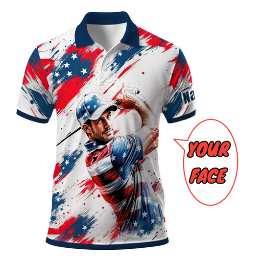 HomyGifts Men's Customized Face Artistic Golf Polo Shirt, Personalized American Flag Design, Unique Gift for Patriotic Golfers Style 27