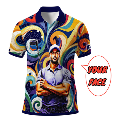 HomyGifts Men's Customized Face Artistic Golf Polo Shirt, Mosaic Art Style, Unique Personalized Golf Polo For Men Style 10