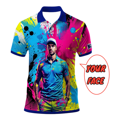HomyGifts Men's Customized Face Artistic Golf Polo Shirt, Personalized Pop Art Golf Polo, Portrait Gift for Golfers Style 10