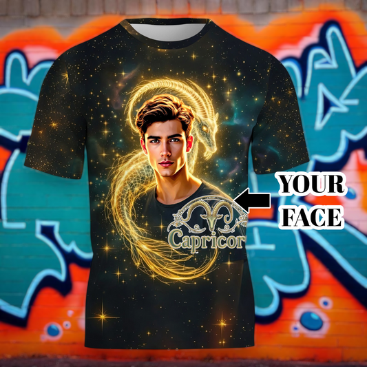 Custom Zodiac Shirt - Surreal Cosmic Art Tee with Your Face | Capricorn | Personalized Horoscope Gift