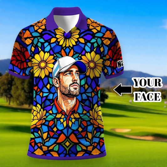 Custom Face Golf Polo Shirt – Personalized Stained Glass Art Shirt, Unique Golf Gift for Him, Colorful Abstract Golf Polo, Custom Sportswear