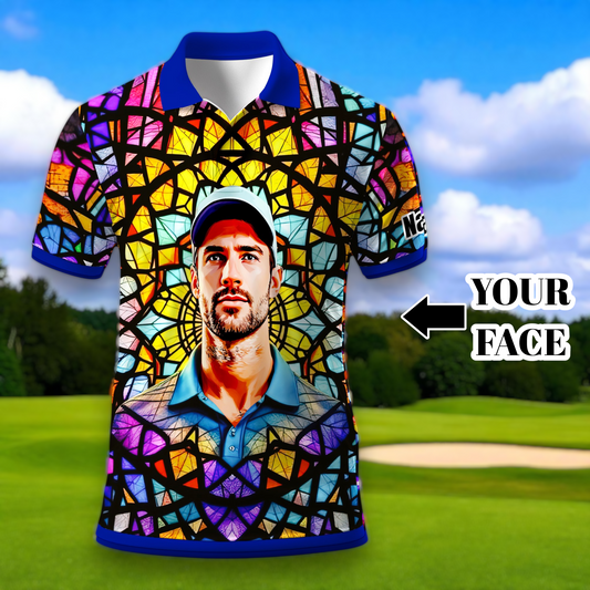 Custom Face Golf Polo Shirt – Personalized Stained Glass Mandala Style Polo, Unique Gift for Men & Women, Vibrant Artistic Golf Shirt, Custom Photo Polo