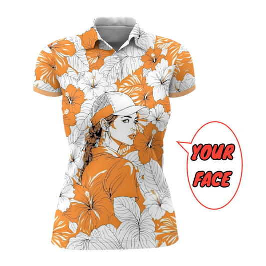 Women’s Custom Face Hibiscus Polo Shirt – Personalized Tropical Floral Polo, Unique Gift for Her, Stylish Custom Golf & Casual Wear Style 11