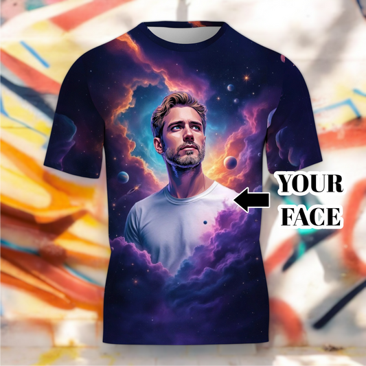 Custom Face Surreal Cosmic Art T-Shirt – Personalized Galaxy Universe Tee with Trippy Sci-Fi Design for Unique Gifts & Style