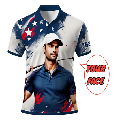 HomyGifts Men's Customized Face Artistic Golf Polo Shirt, Personalized American Flag Design, Unique Gift for Patriotic Golfers Style 28