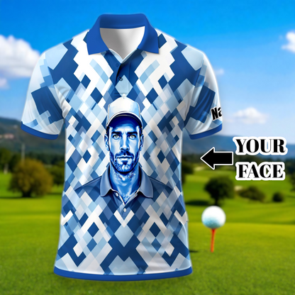 Custom Face Polo Shirt – Geometric Diamond Pattern | Personalized Photo Golf Polo | Unique Gift for Him, Retro Geometric Style Shirt Style 12
