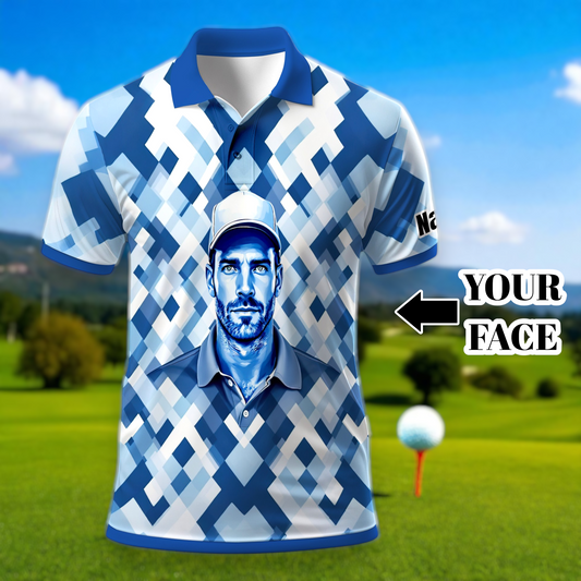 Custom Face Polo Shirt – Geometric Diamond Pattern | Personalized Photo Golf Polo | Unique Gift for Him, Retro Geometric Style Shirt Style 12