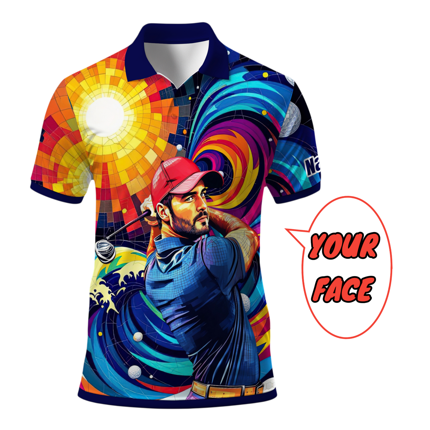 HomyGifts Men's Customized Face Artistic Golf Polo Shirt, Mosaic Art Style, Unique Personalized Golf Polo For Men Style 11