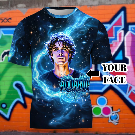 Custom Zodiac Shirt - Surreal Cosmic Art Tee with Your Face | Aquarius | Personalized Horoscope Gift