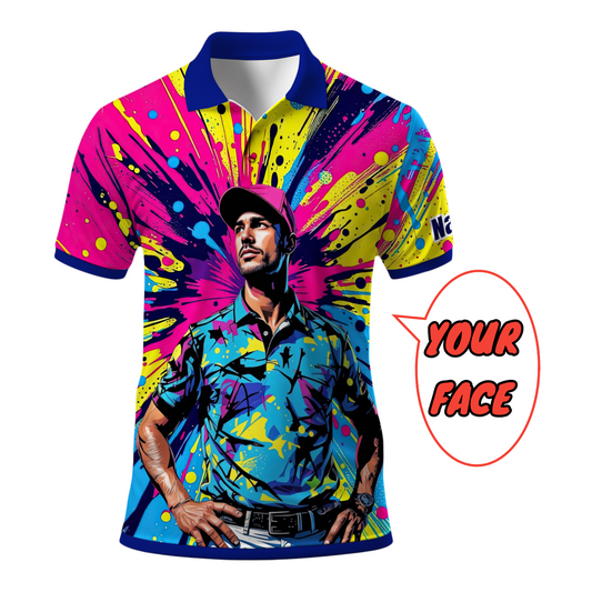 HomyGifts Men's Customized Face Artistic Golf Polo Shirt, Personalized Pop Art Golf Polo, Portrait Gift for Golfers Style 11
