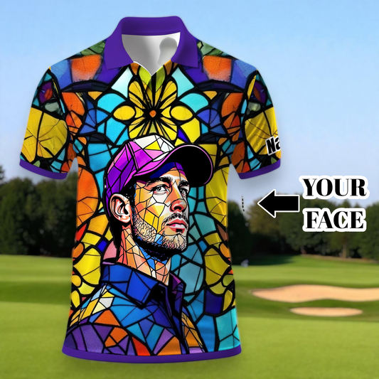 Custom Face Golf Polo Shirt – Personalized Stained Glass Art Shirt, Unique Golf Gift for Him, Colorful Abstract Golf Polo, Custom Sportswear