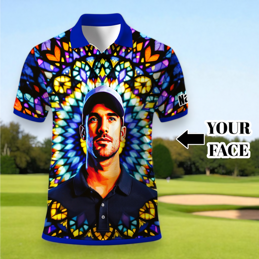 Custom Face Golf Polo Shirt – Personalized Stained Glass Mandala Style Polo, Unique Gift for Men & Women, Vibrant Artistic Golf Shirt, Custom Photo Polo