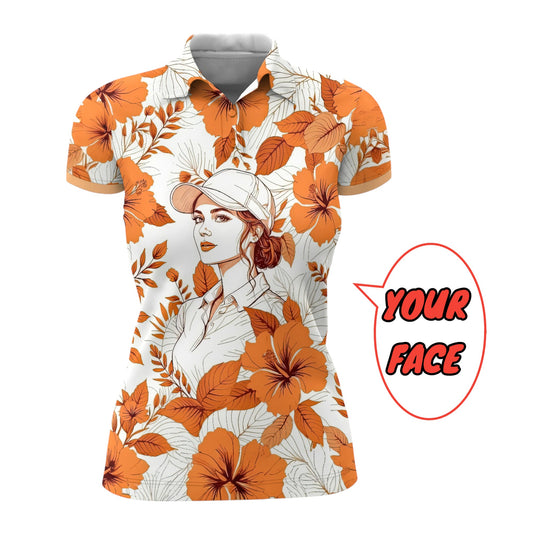 Women’s Custom Face Hibiscus Polo Shirt – Personalized Tropical Floral Polo, Unique Gift for Her, Stylish Custom Golf & Casual Wear Style 12