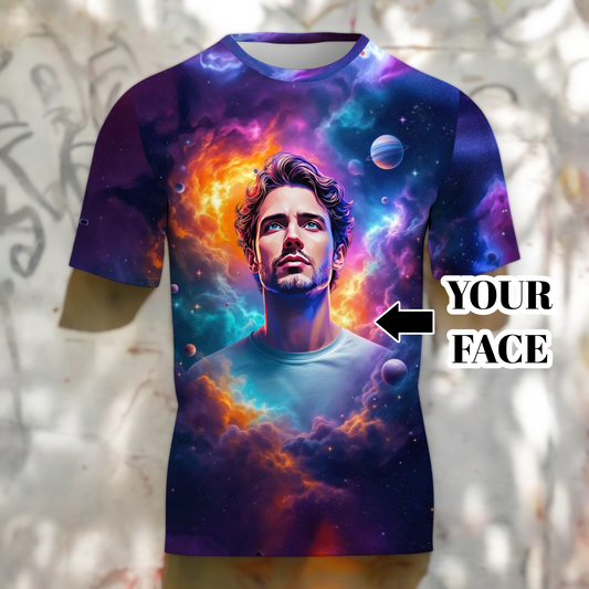 Custom Face Surreal Cosmic Art T-Shirt – Personalized Galaxy Universe Tee with Trippy Sci-Fi Design for Unique Gifts & Style