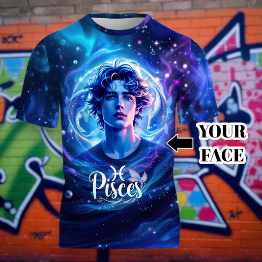 Custom Zodiac Shirt - Surreal Cosmic Art Tee with Your Face | Pices | Personalized Horoscope Gift