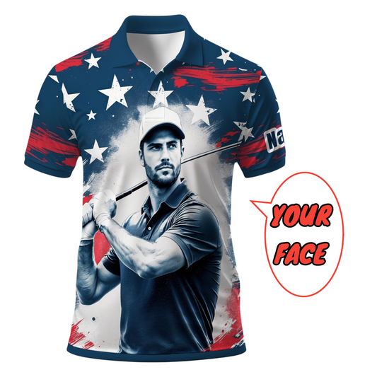 HomyGifts Men's Customized Face Artistic Golf Polo Shirt, Personalized American Flag Design, Unique Gift for Patriotic Golfers Style 29