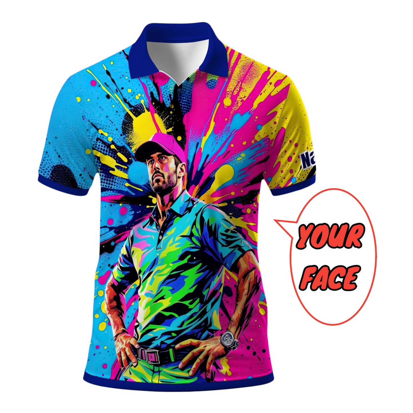HomyGifts Men's Customized Face Artistic Golf Polo Shirt, Personalized Pop Art Golf Polo, Portrait Gift for Golfers Style 12