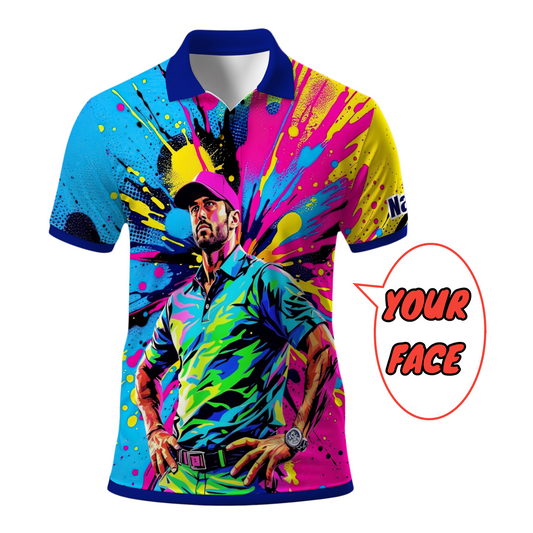 HomyGifts Men's Customized Face Artistic Golf Polo Shirt, Personalized Pop Art Golf Polo, Portrait Gift for Golfers Style 12