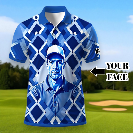 Custom Face Polo Shirt – Geometric Diamond Pattern | Personalized Photo Golf Polo | Unique Gift for Him, Retro Geometric Style Shirt Style 9