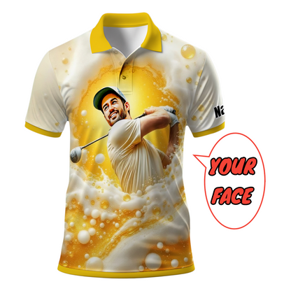 HomyGifts Men's Customized Face Artistic Golf Polo Shirt, Beer pattern Design, Special Gift for Beer & Golf Lovers, Summer Party Outfit, Unique Gift for Men Style 12