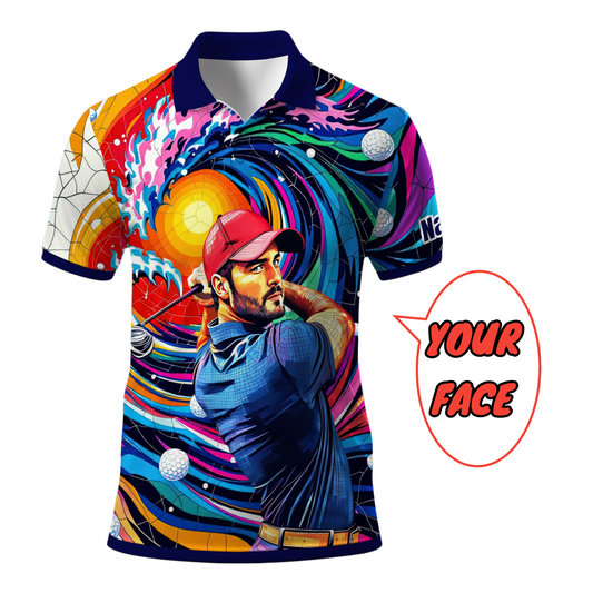 HomyGifts Men's Customized Face Artistic Golf Polo Shirt, Mosaic Art Style, Unique Personalized Golf Polo For Men Style 12