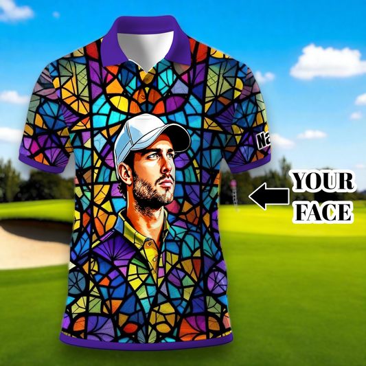 Custom Face Golf Polo Shirt – Personalized Stained Glass Art Shirt, Unique Golf Gift for Him, Colorful Abstract Golf Polo, Custom Sportswear