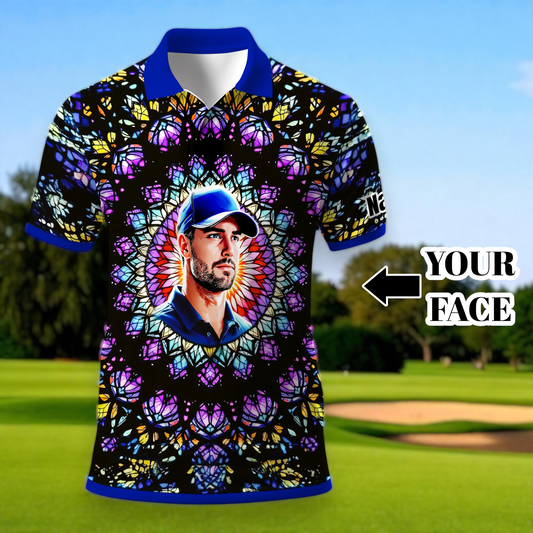 Custom Face Golf Polo Shirt – Personalized Stained Glass Mandala Style Polo, Unique Gift for Men & Women, Vibrant Artistic Golf Shirt, Custom Photo Polo