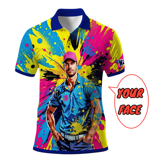 HomyGifts Men's Customized Face Artistic Golf Polo Shirt, Personalized Pop Art Golf Polo, Portrait Gift for Golfers Style 13