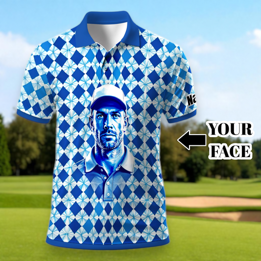 Custom Face Polo Shirt – Geometric Diamond Pattern | Personalized Photo Golf Polo | Unique Gift for Him, Retro Geometric Style Shirt Style 13