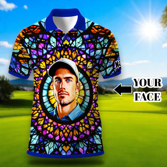 Custom Face Golf Polo Shirt – Personalized Stained Glass Mandala Style Polo, Unique Gift for Men & Women, Vibrant Artistic Golf Shirt, Custom Photo Polo