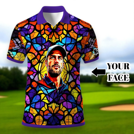 Custom Face Golf Polo Shirt – Personalized Stained Glass Art Shirt, Unique Golf Gift for Him, Colorful Abstract Golf Polo, Custom Sportswear