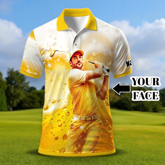 Custom Beer Polo Shirt with Face – Funny Personalized Polo for Beer Lovers, Summer Party Outfit, Unique Gift for Men