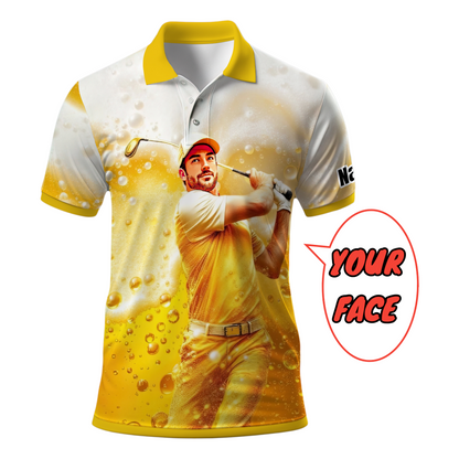 HomyGifts Men's Customized Face Artistic Golf Polo Shirt, Beer pattern Design, Special Gift for Beer & Golf Lovers, Summer Party Outfit, Unique Gift for Men Style 14
