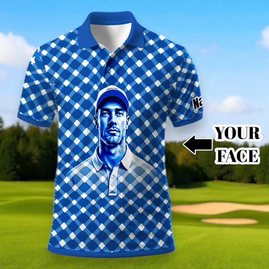 Custom Face Polo Shirt – Geometric Diamond Pattern | Personalized Photo Golf Polo | Unique Gift for Him, Retro Geometric Style Shirt