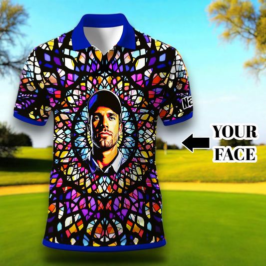 Custom Face Golf Polo Shirt – Personalized Stained Glass Mandala Style Polo, Unique Gift for Men & Women, Vibrant Artistic Golf Shirt, Custom Photo Polo