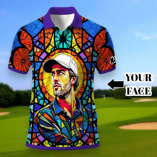 Custom Face Golf Polo Shirt – Personalized Stained Glass Art Shirt, Unique Golf Gift for Him, Colorful Abstract Golf Polo, Custom Sportswear