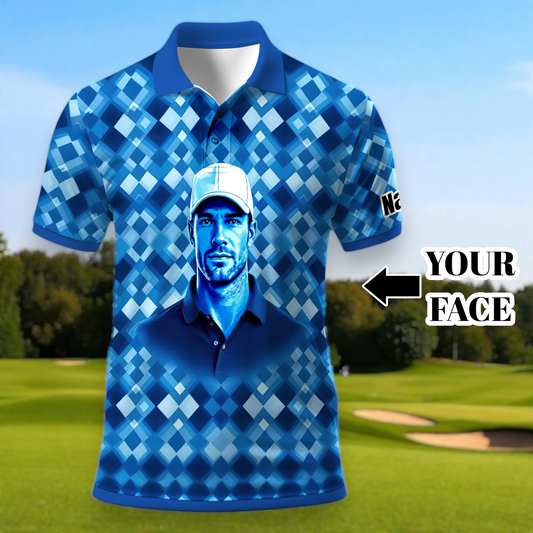 Custom Face Polo Shirt – Geometric Diamond Pattern | Personalized Photo Golf Polo | Unique Gift for Him, Retro Geometric Style Shirt