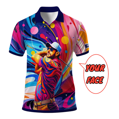 HomyGifts Men's Customized Face Artistic Golf Polo Shirt, Mosaic Art Style, Unique Personalized Golf Polo For Men Style 15
