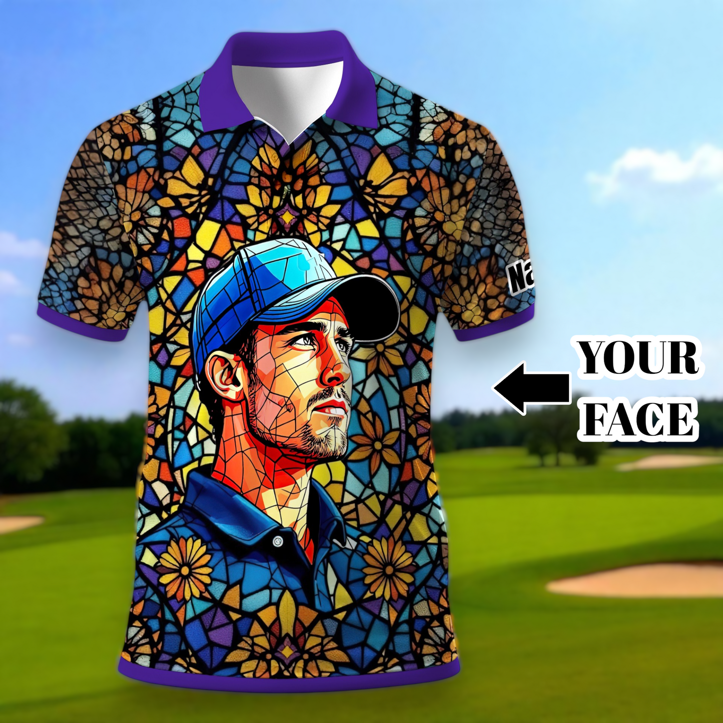 Custom Face Golf Polo Shirt – Personalized Stained Glass Art Shirt, Unique Golf Gift for Him, Colorful Abstract Golf Polo, Custom Sportswear