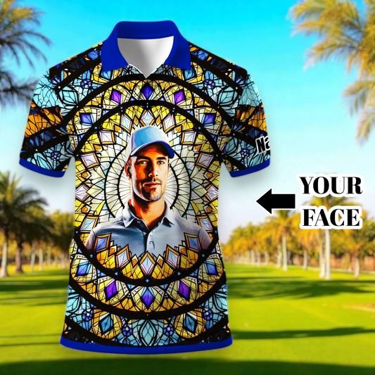 Custom Face Golf Polo Shirt – Personalized Stained Glass Mandala Style Polo, Unique Gift for Men & Women, Vibrant Artistic Golf Shirt, Custom Photo Polo