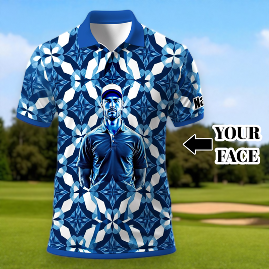 Custom Face Polo Shirt – Geometric Diamond Pattern | Personalized Photo Golf Polo | Unique Gift for Him, Retro Geometric Style Shirt