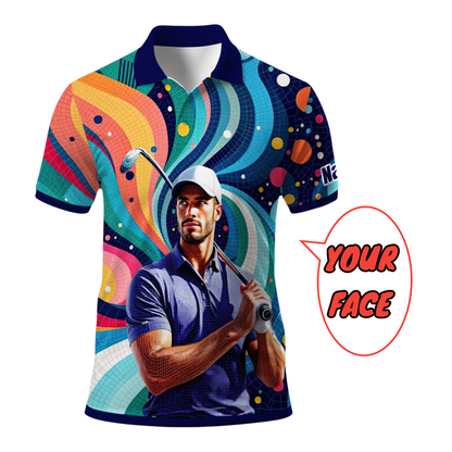 HomyGifts Men's Customized Face Artistic Golf Polo Shirt, Mosaic Art Style, Unique Personalized Golf Polo For Men Style 16