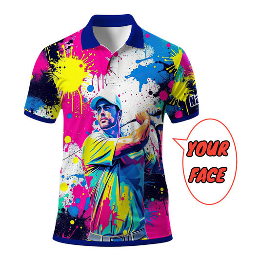 HomyGifts Men's Customized Face Artistic Golf Polo Shirt, Personalized Pop Art Golf Polo, Portrait Gift for Golfers Style 16