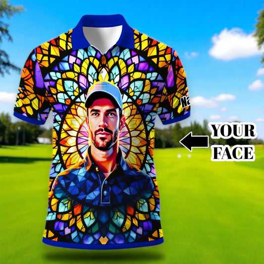 Custom Face Golf Polo Shirt – Personalized Stained Glass Mandala Style Polo, Unique Gift for Men & Women, Vibrant Artistic Golf Shirt, Custom Photo Polo
