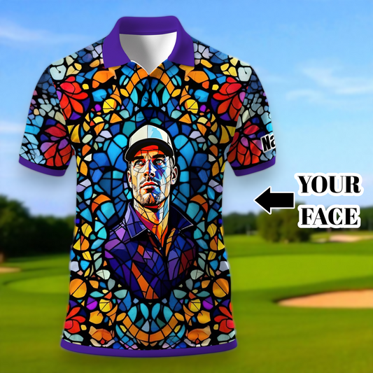 Custom Face Golf Polo Shirt – Personalized Stained Glass Art Shirt, Unique Golf Gift for Him, Colorful Abstract Golf Polo, Custom Sportswear