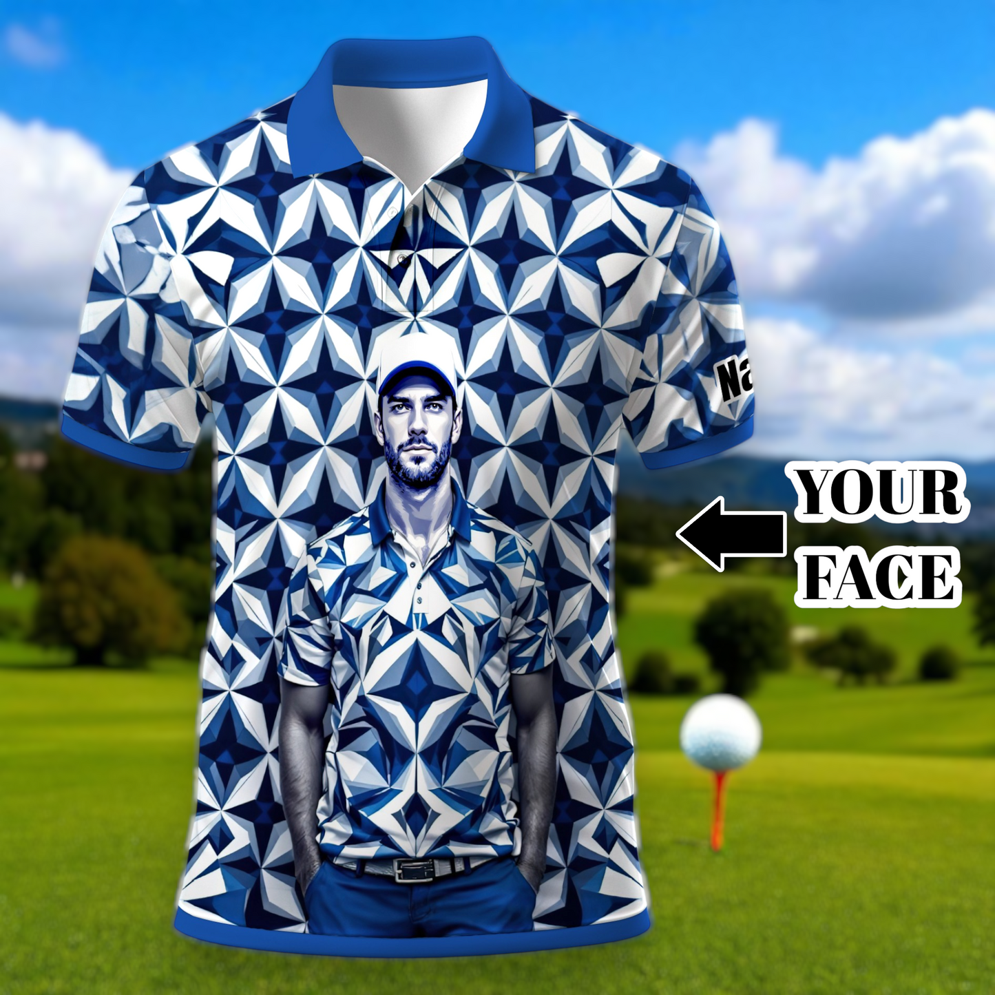 Custom Face Polo Shirt – Geometric Diamond Pattern | Personalized Photo Golf Polo | Unique Gift for Him, Retro Geometric Style Shirt Style 17
