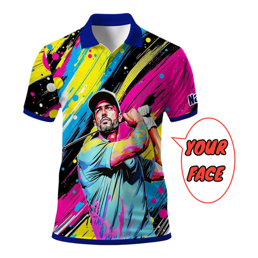 HomyGifts Men's Customized Face Artistic Golf Polo Shirt, Personalized Pop Art Golf Polo, Portrait Gift for Golfers Style 17