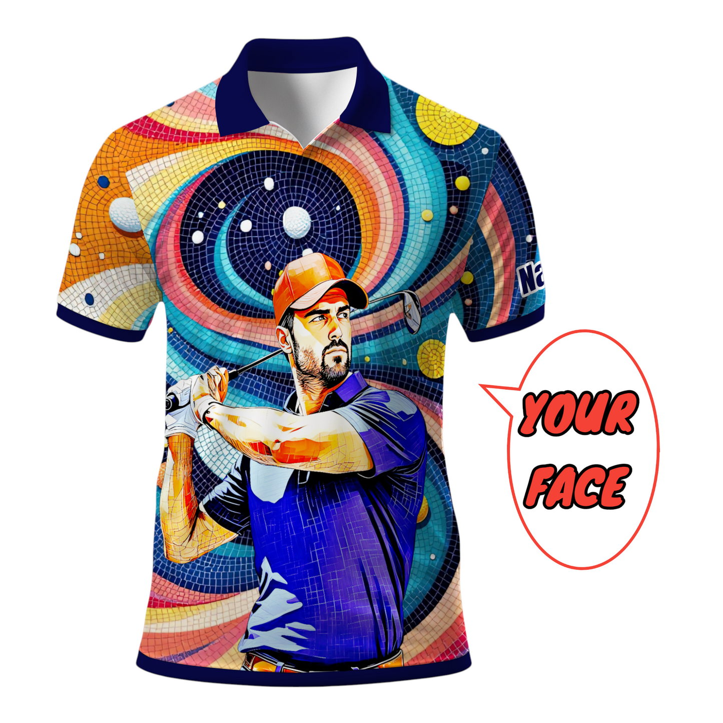 HomyGifts Men's Customized Face Artistic Golf Polo Shirt, Mosaic Art Style, Unique Personalized Golf Polo For Men Style 17
